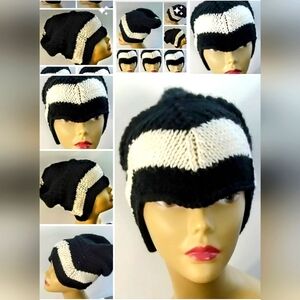 NWT Haute Couture Cashmere Blend Hand Knitted Chevron Assymetrical Slouch Beanie